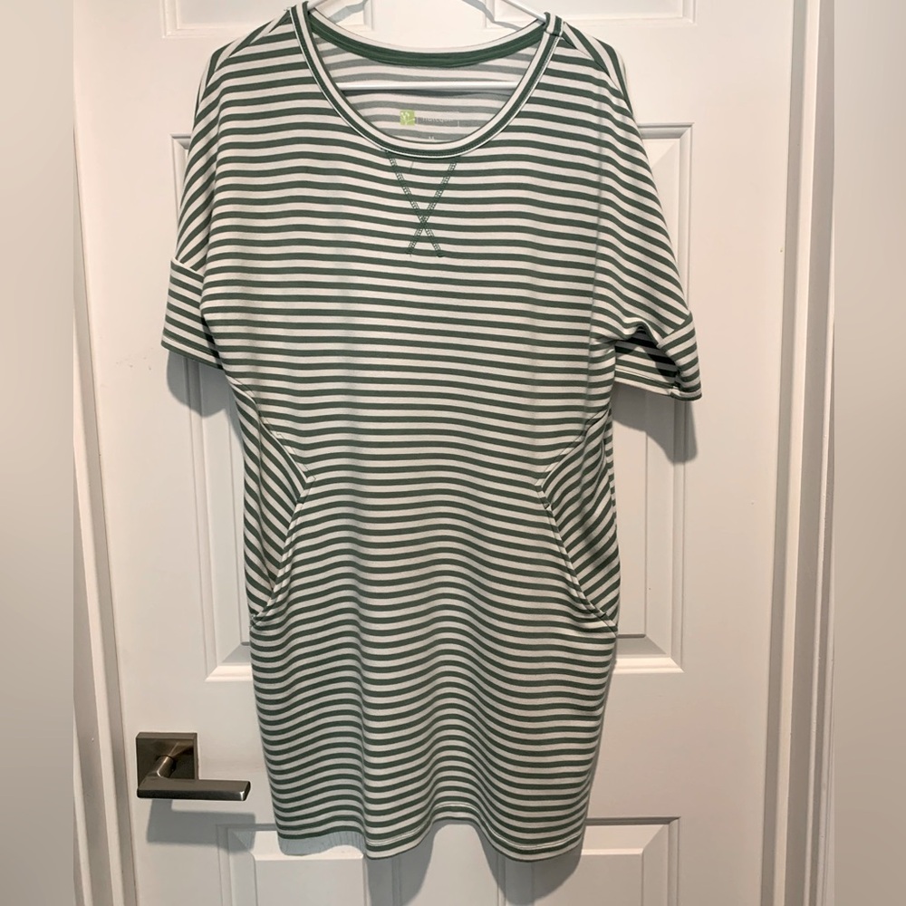 Halcyon T-shirt knit dress, light green and white striped, size M
